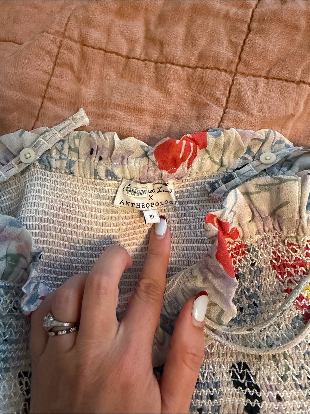 Anthropologie Floral Smocked Maxi Dress in Cream, Coral and Navy - Picture 2 of 3